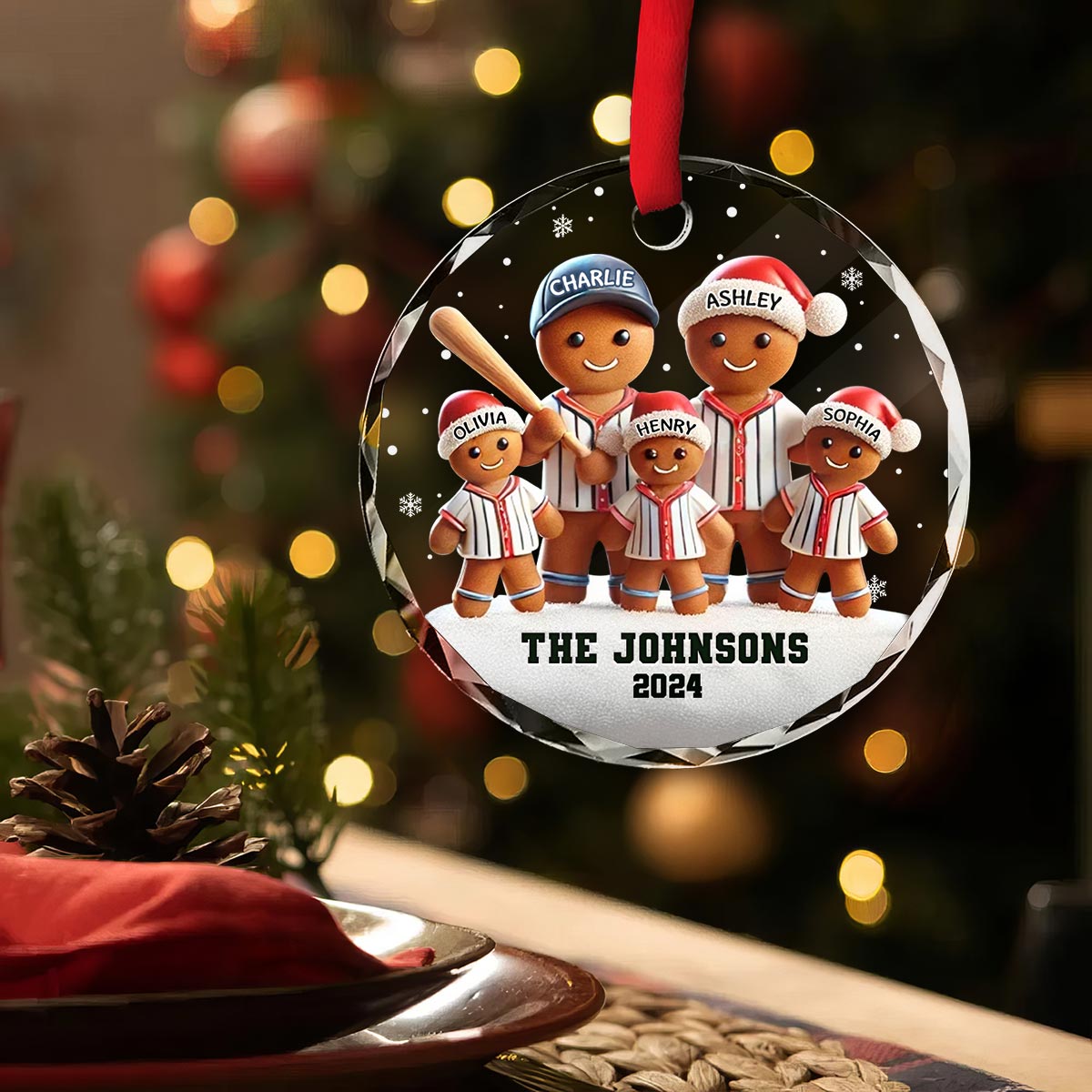 Baseball Gingerbread Family Sport Lover 3D Effect Personalized Glass Ornament