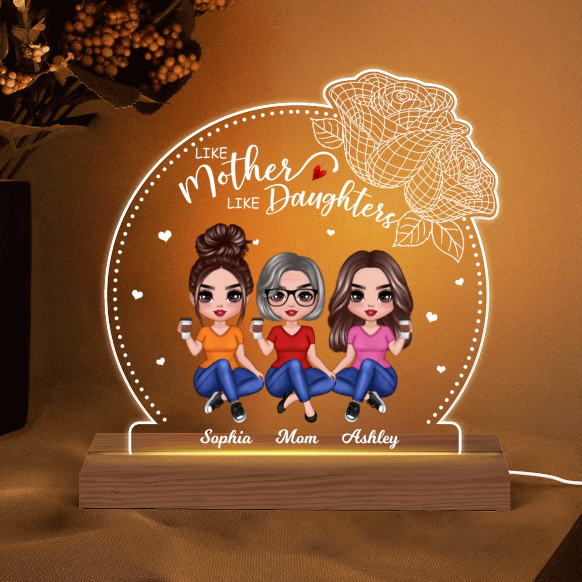Like Mother Like Daughter Doll 3D Roses Personalized Custom Shape Acrylic Plaque With LED Night Light