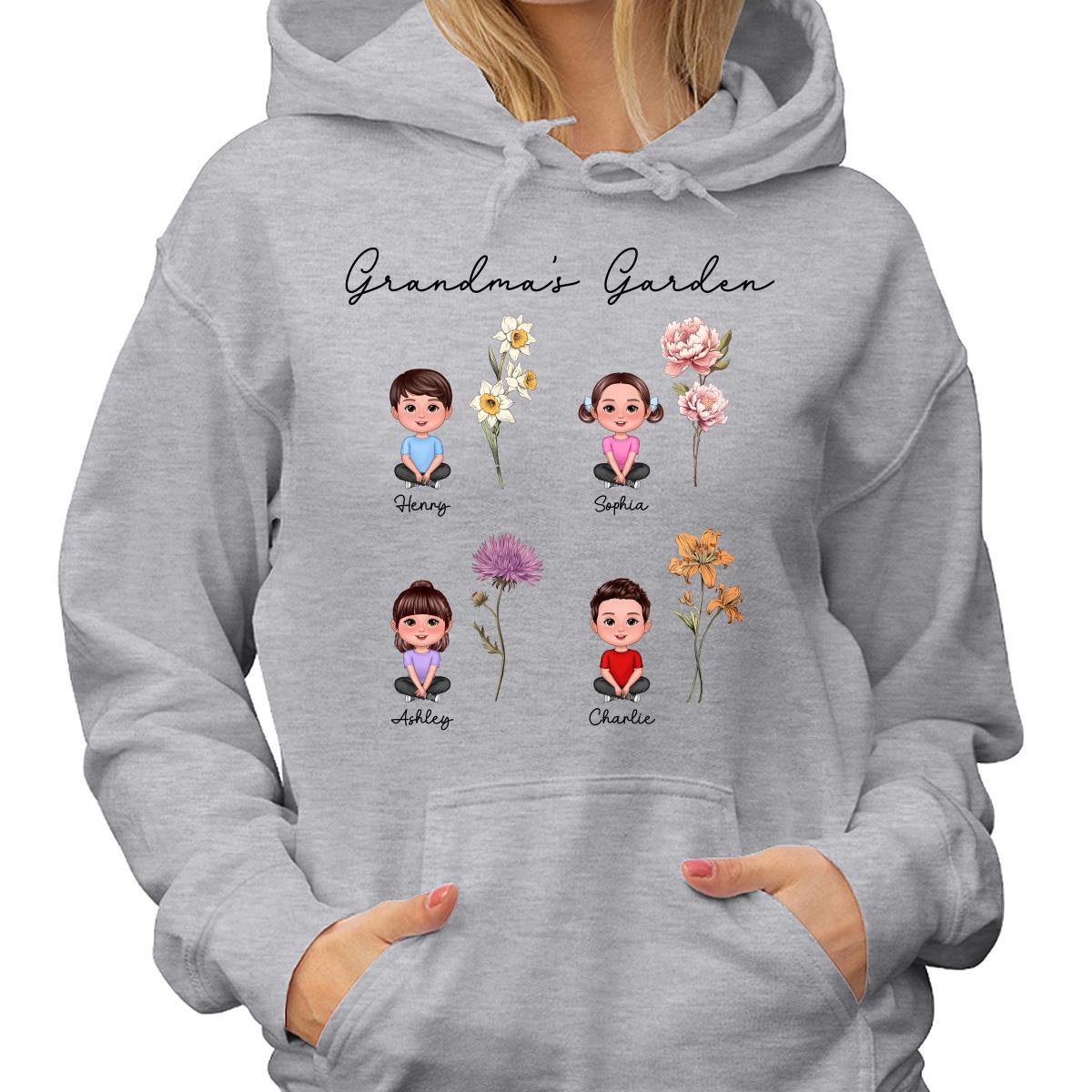 Grandkids Sitting Crossed Leg Grandma Garden Vintage Birth Month Flowers Personalized Shirt