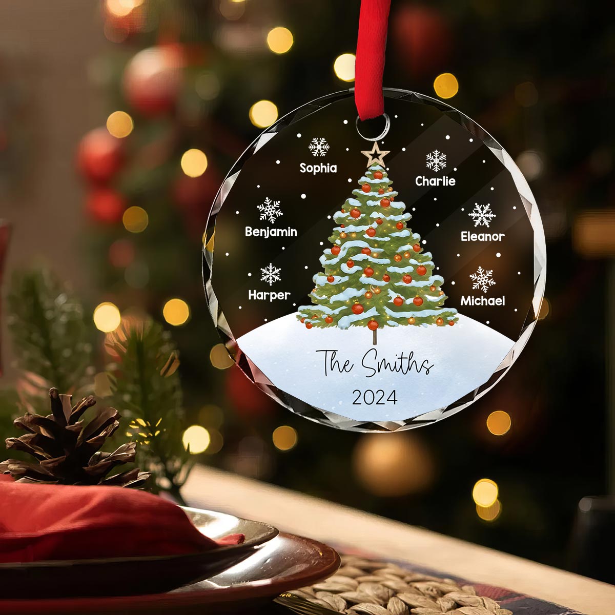 Watercolor Christmas Tree Family Names Personalized Glass Ornament