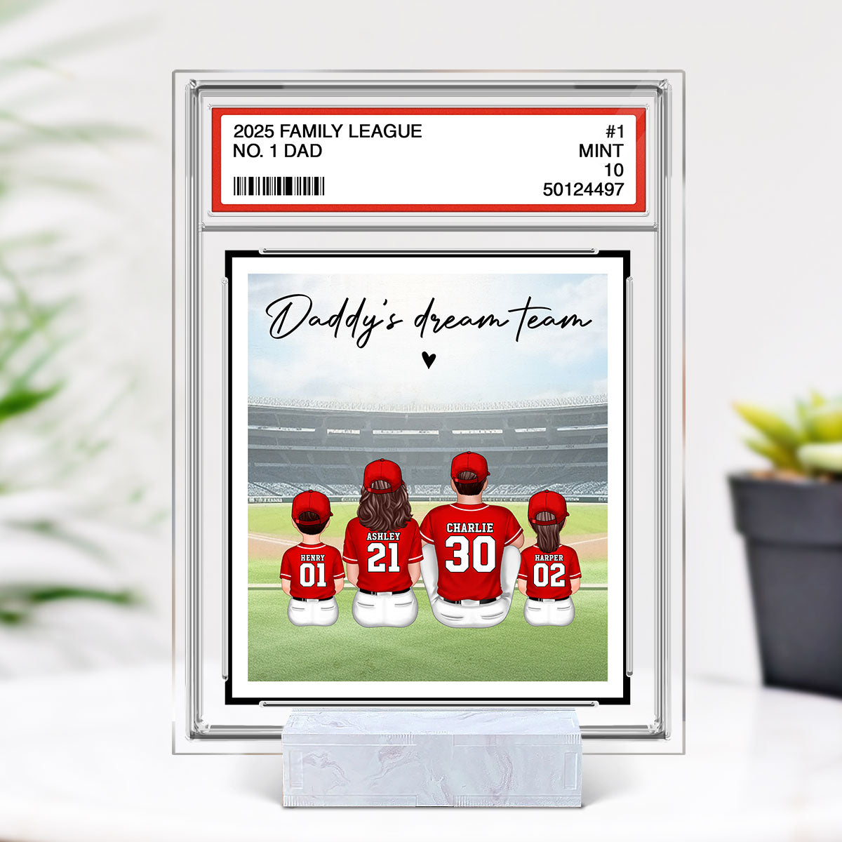 Baseball No. 1 Dad Man & Kids Sitting Trading Card Style Personalized Acrylic Plaque