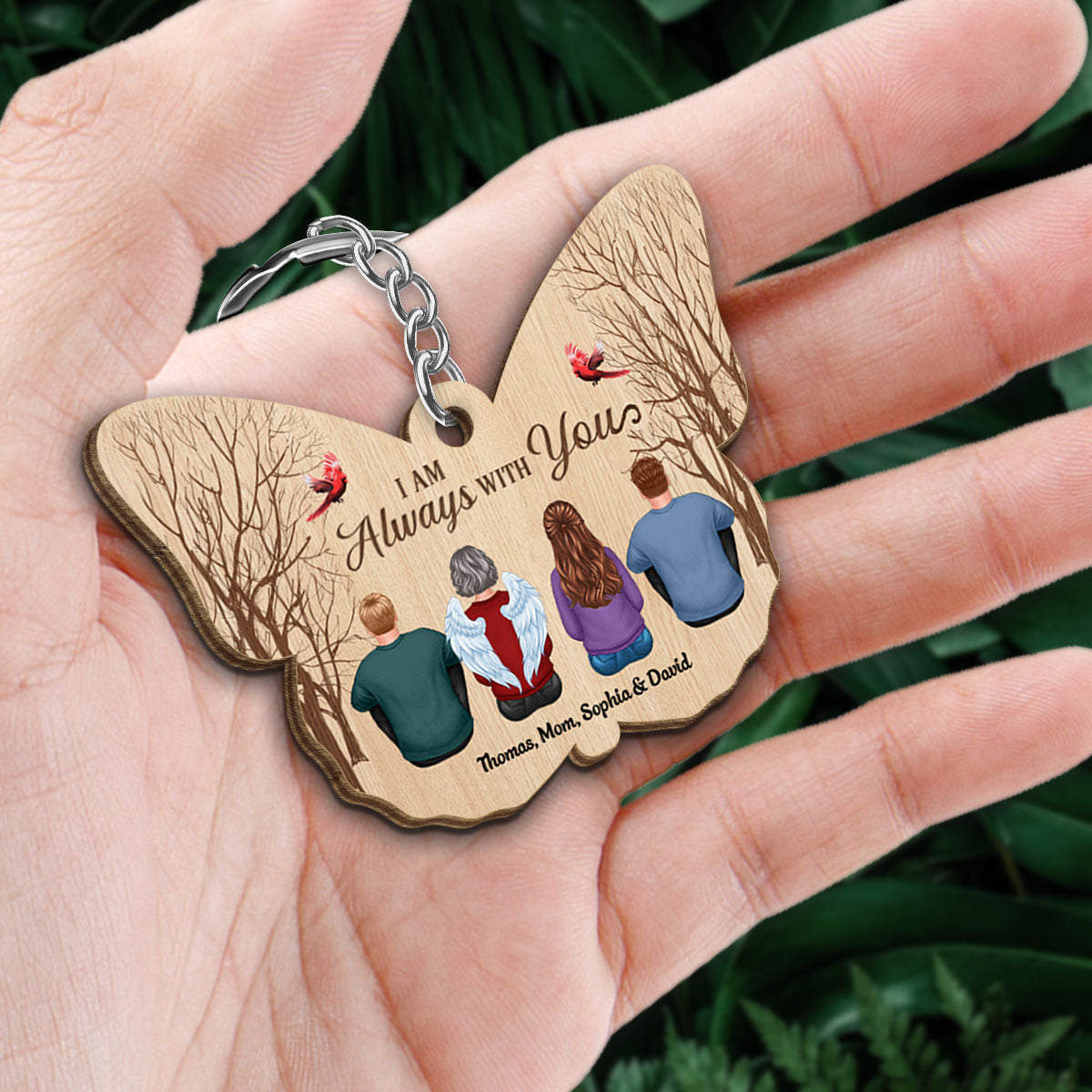 Family Always With You Memorial Remembrance Keepsake Personalized Butterfly Wooden Keychain