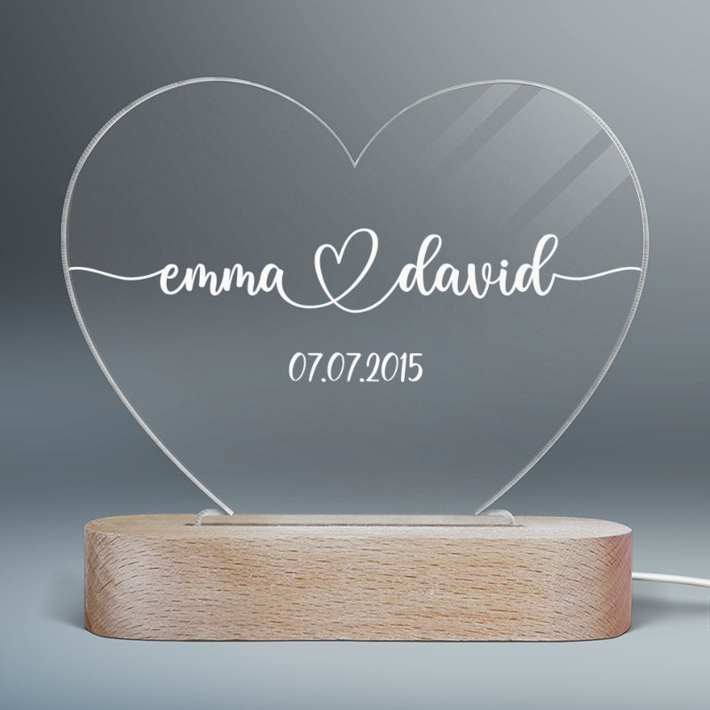 Simple Couple Names Date Personalized Heart Plaque with LED Night Light - Acrylic LED Lamp - Valentines Day Gift - Anniversary Gift - Romantic Gift For Couple - Gift For Him - Gift For Her