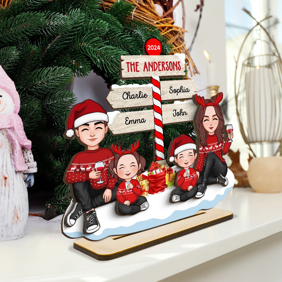 Cute Family Dad Mom Kids Sitting Christmas North Pole Personalized 2-Layer Standing Wooden Plaque