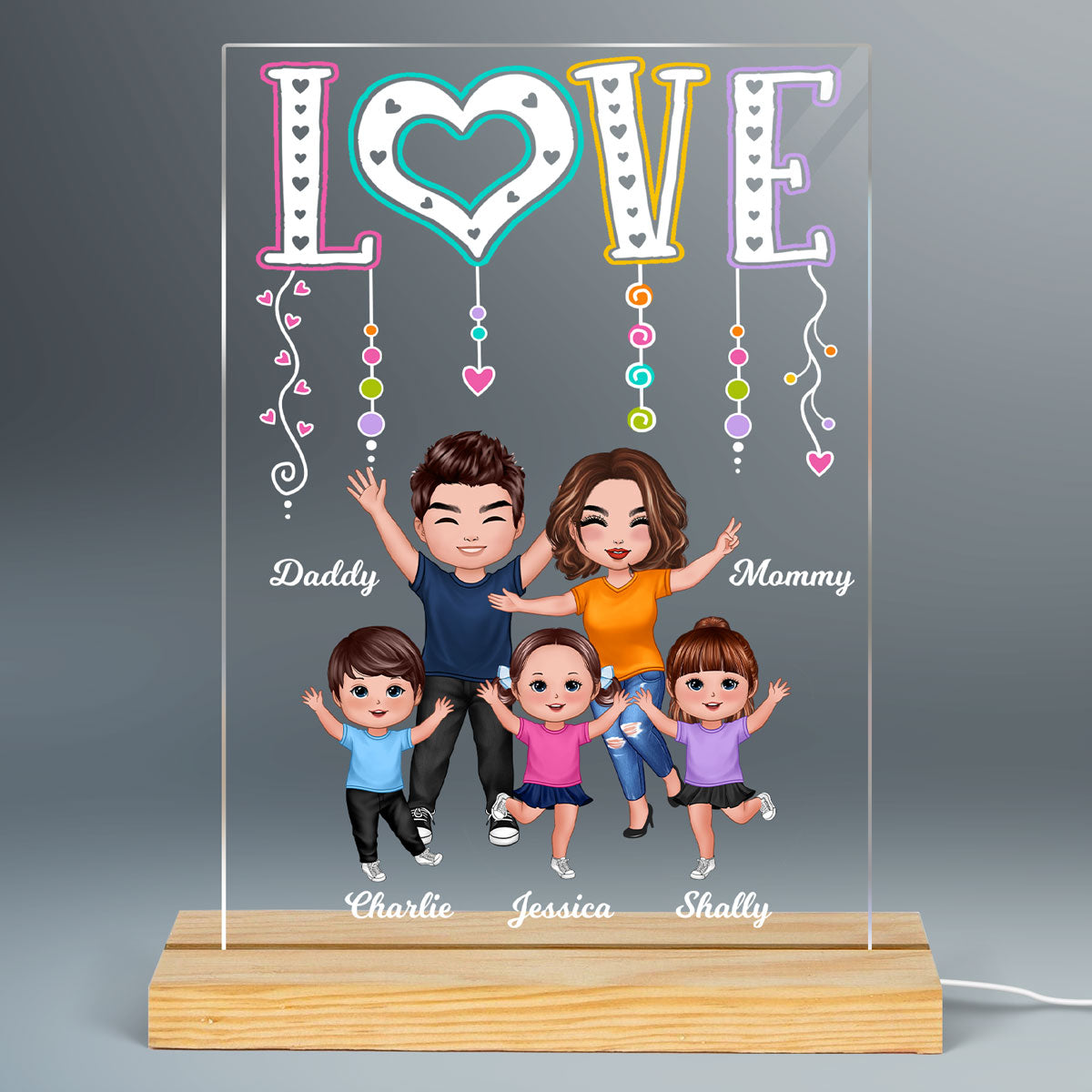 LOVE Happy Doll Whole Family Couple Kids Dogs Cats Personalized Rectangle Acrylic Plaque LED Night Light