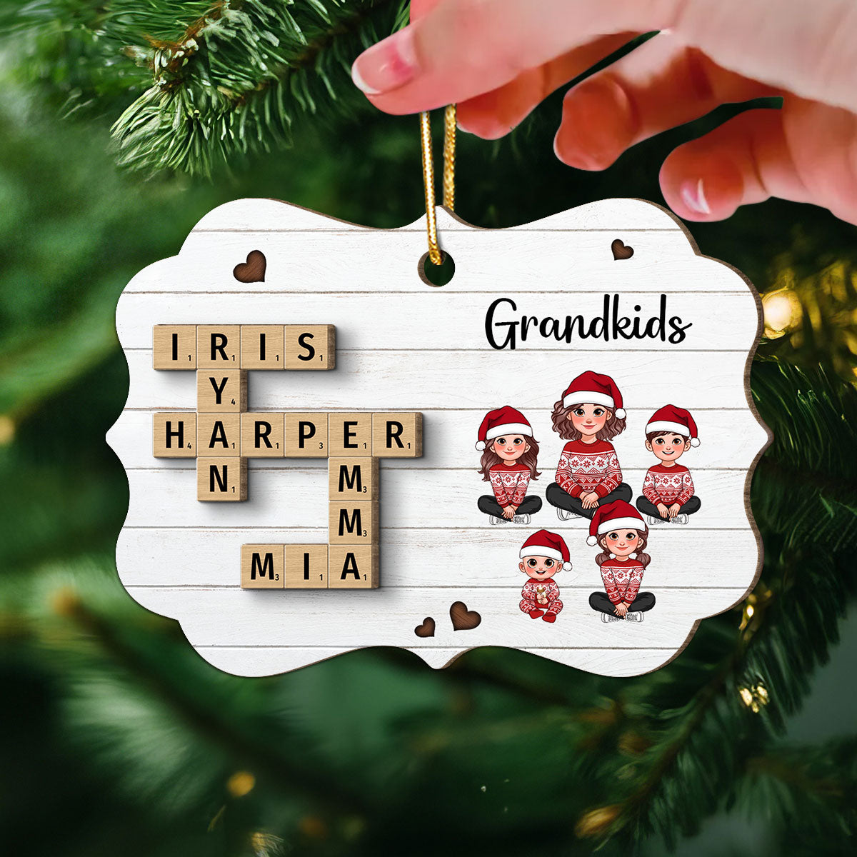 Crossword Puzzle Art Animated Grandma Grandkids Sitting Christmas Personalized 2-Layer Wooden Ornament