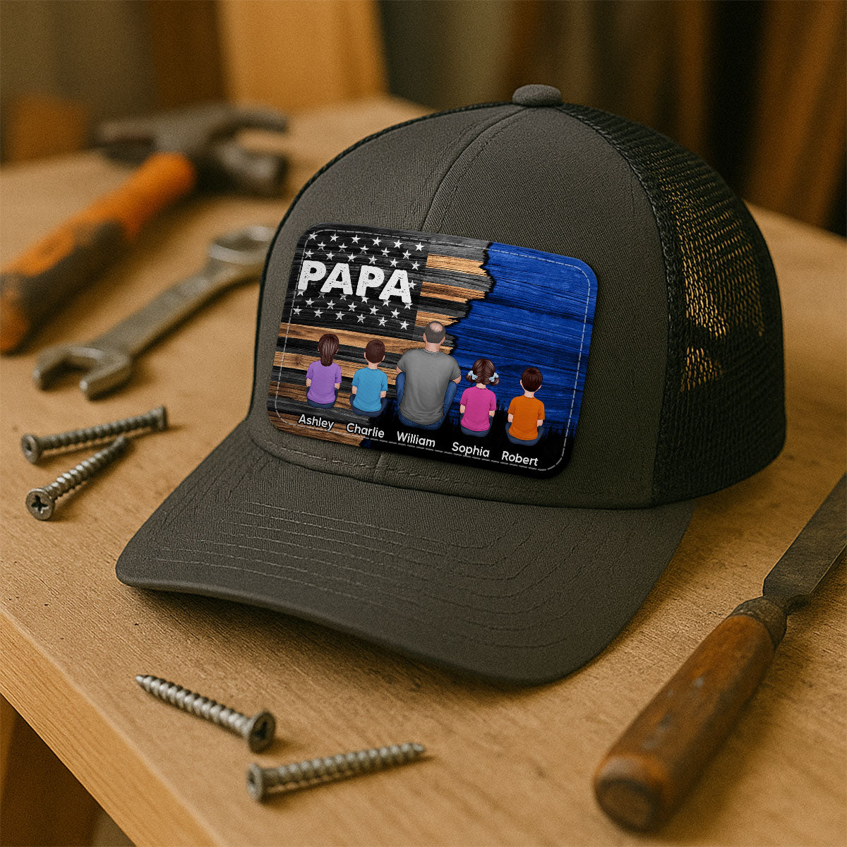 Dad Grandpa Papa Back View Sitting With Kids Half Nation Flag Personalized Leather Patch Hat