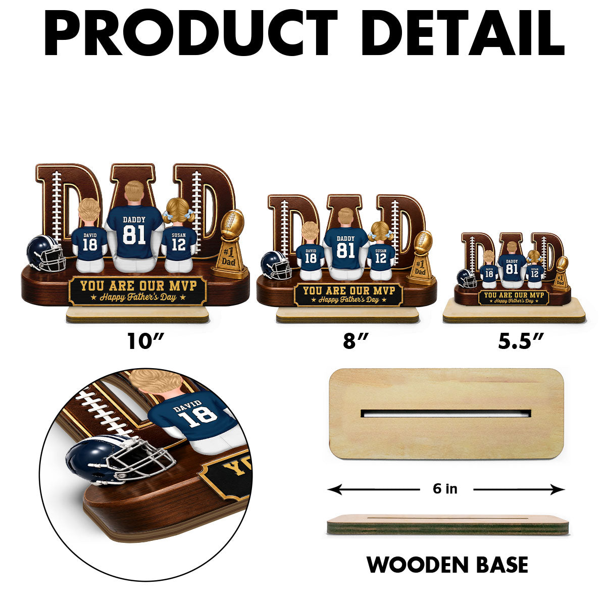 American Football Dad Legend Daddy's Dream Team - Personalized 2-Layered Wooden Plaque - Unique Trending Father's Day Gift For Dad, Husband, Football Fans