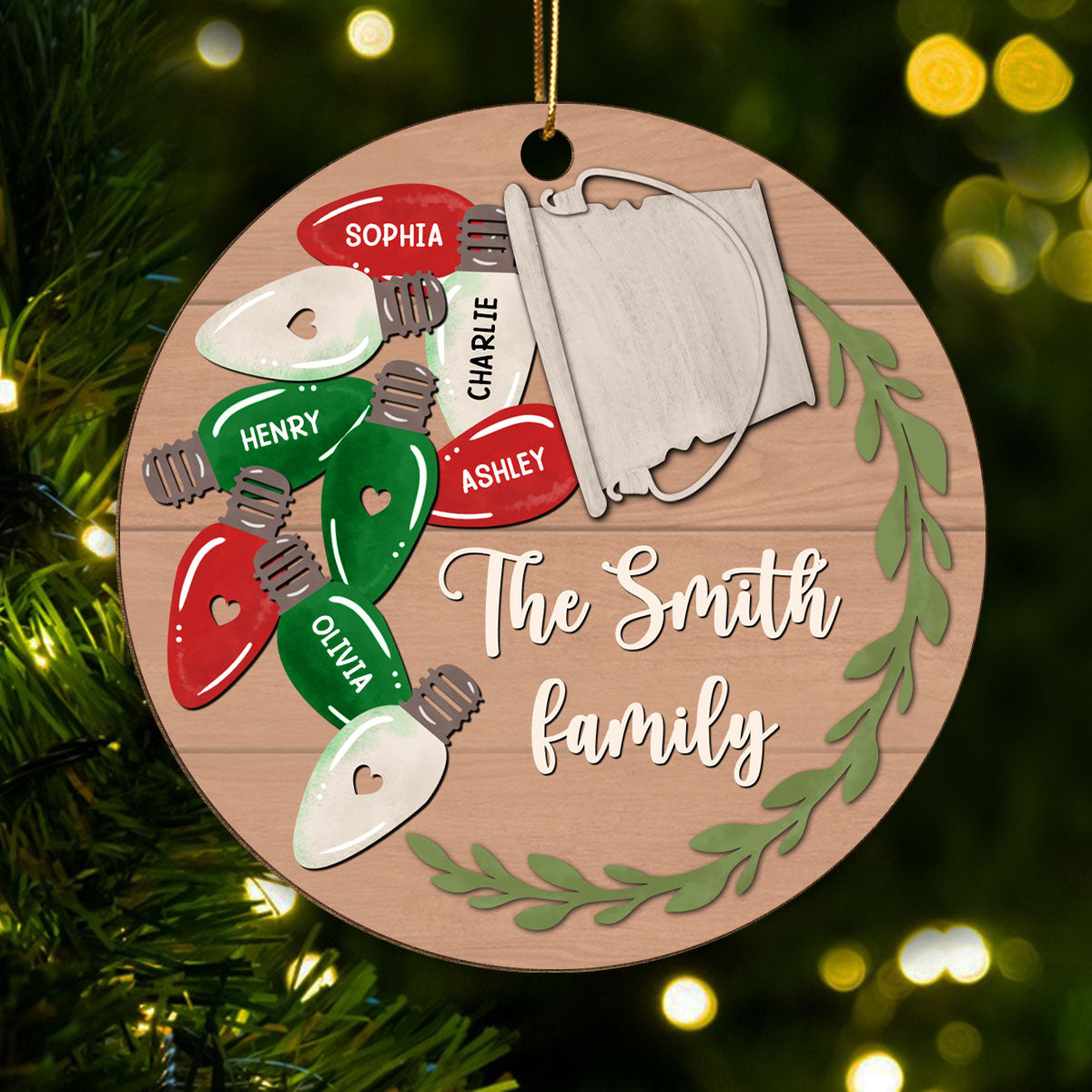 Christmas Light Family Personalized Wooden Ornament