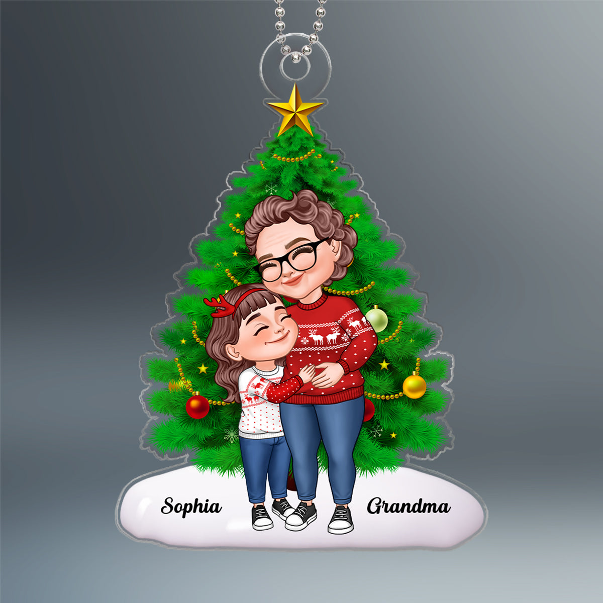 Cartoon Grandma & Grandkid Hugging By Christmas Tree Personalized Acrylic Ornament
