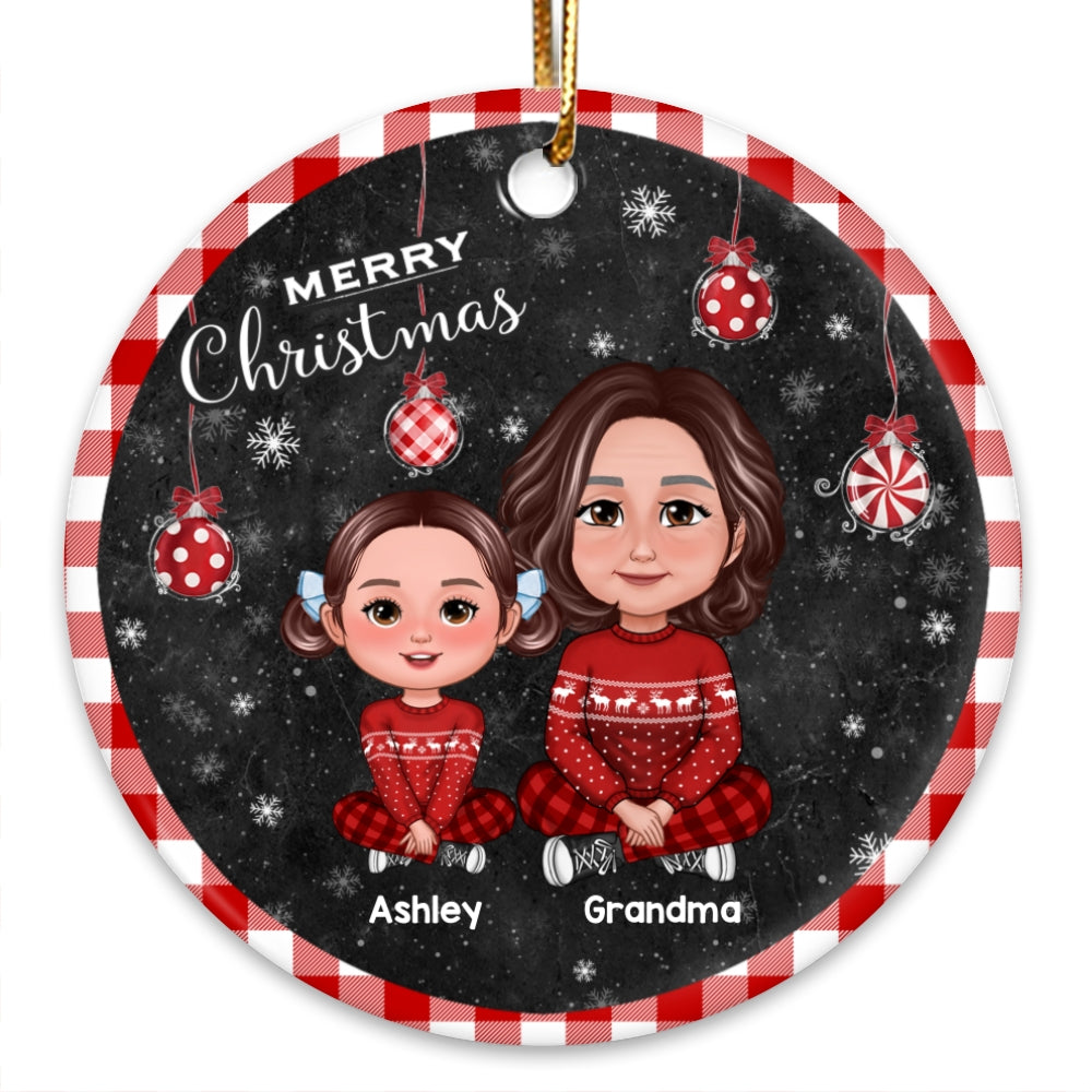 Checkered Patterned Frame And Ornaments Grandma Grandkids Personalized Cirlce Ornament