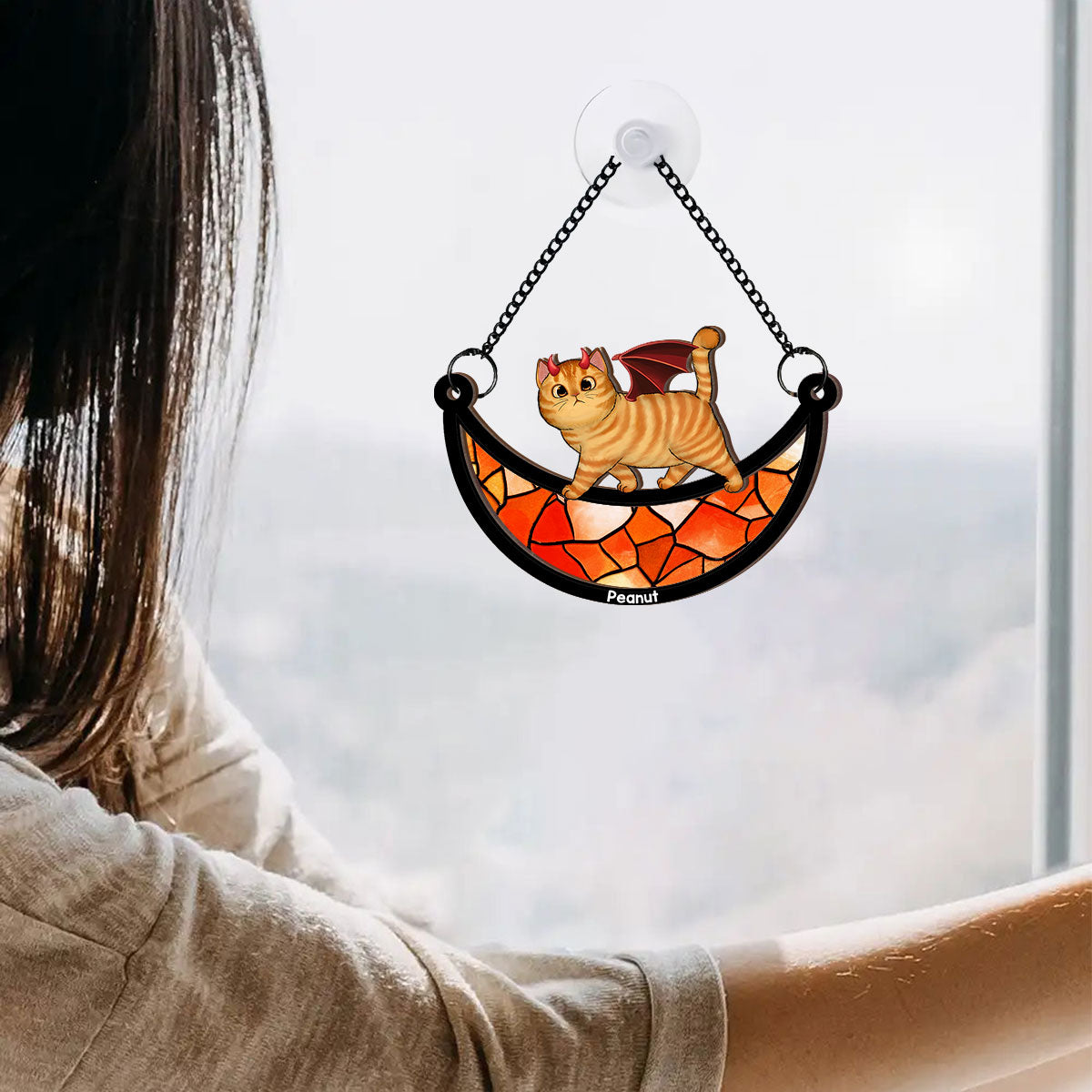 Halloween Cat Walking On Moon Personalized Suncatcher, Halloween Decoration