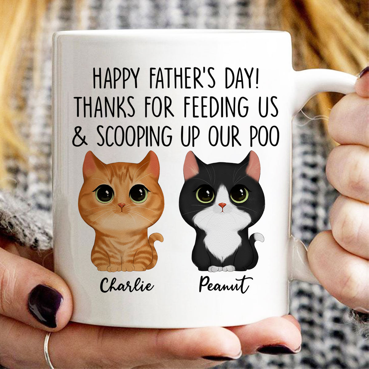 Happy Father‘s Day Thanks For Feeding Me And Scooping Up My Poo Watercolor Cute Cats Personalized Mug