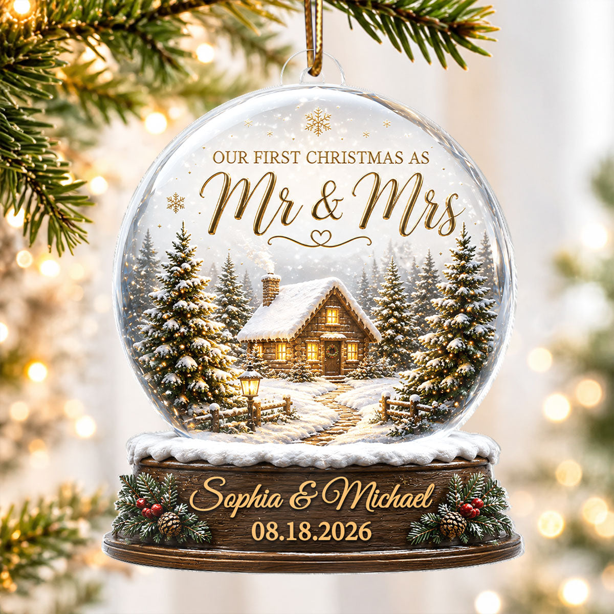 First Christmas Married - Personalized Acrylic Ornament - Custom Mr and Mrs Keepsake, Winter Cabin Ornament, Newlywed Gift