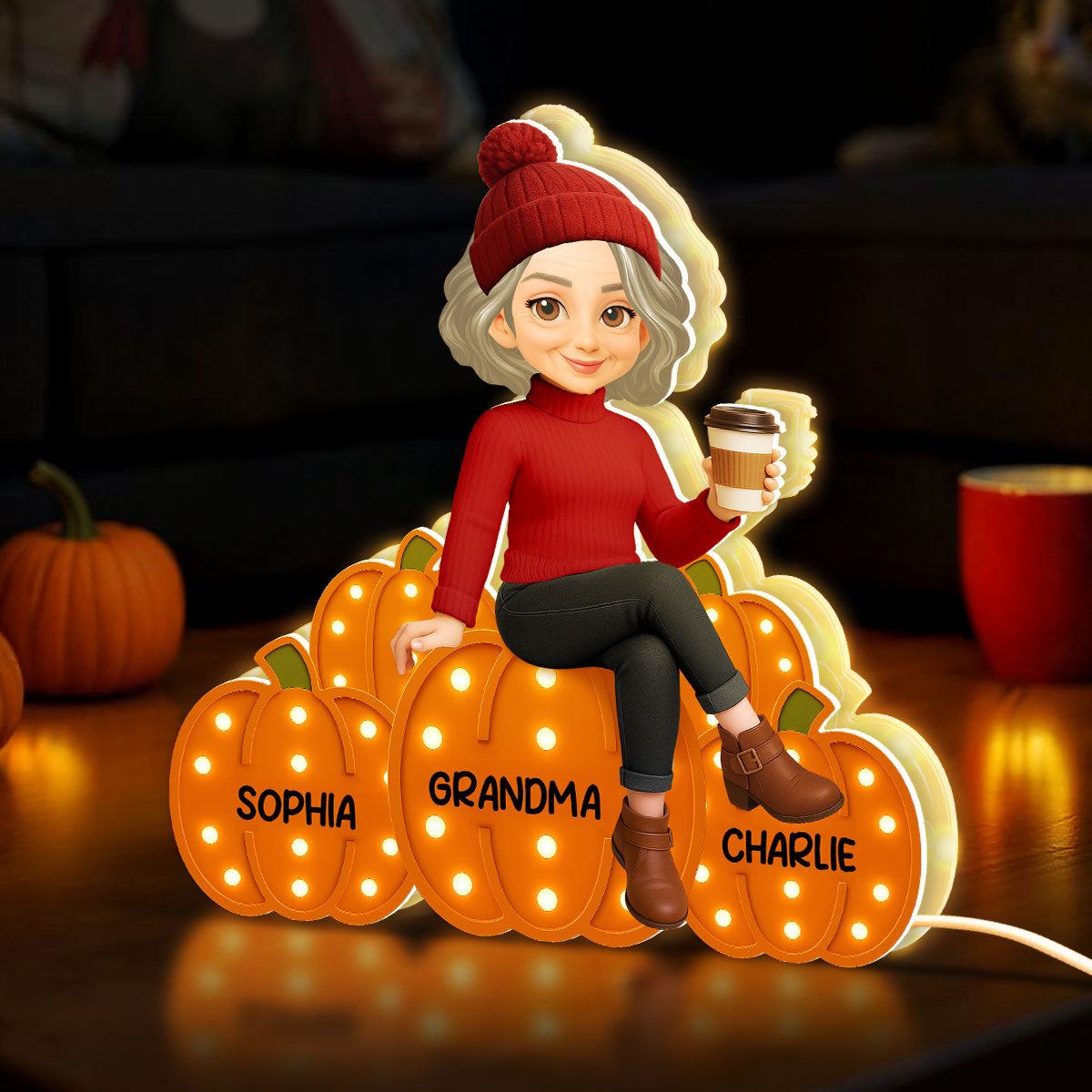 Grandma Mom Sitting On Pumpkins Marquee Pattern Effect Personalized LED Light Box, Cozy Fall Vibe Home Decoration