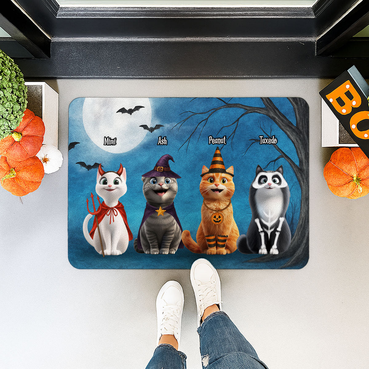 Halloween Cute Cats Sitting in the Moon Light Personalized Doormat, Halloween Decor for Cat Lovers