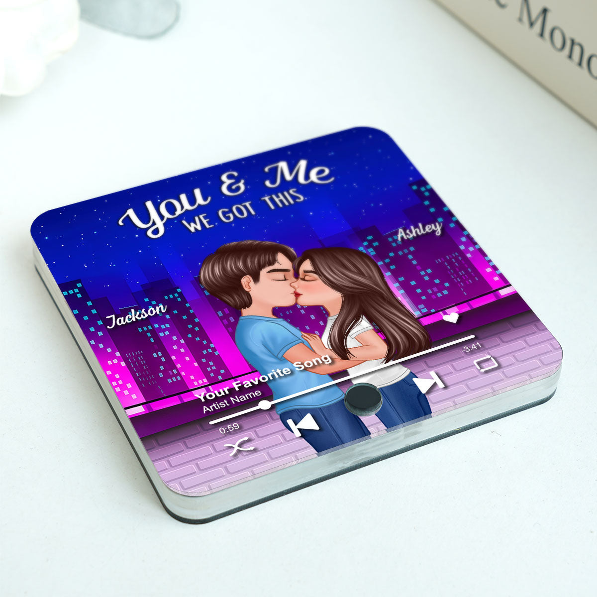 Couple Kissing Neon City Night Skyline Personalized Music Magnet, Anniversary gift for him, for her