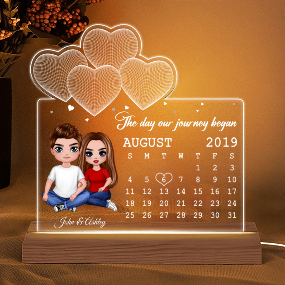 Doll Couple Embracing Sitting Under 3D Heart Anniversary Date Calendar Personalized Custom Shape Acrylic Plaque With LED Night Light - Anniversary Gift For Couple - Gift For Him Gift For Her