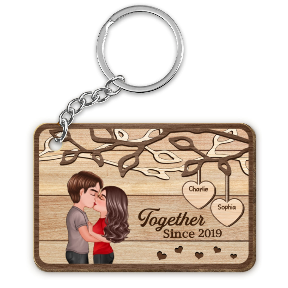 Couple Kissing Under Tree Personalized Wooden Keychain