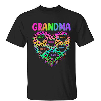 Neon Leopard Grandma Hearts In Hearts Grandkids Names Personalized Shirt