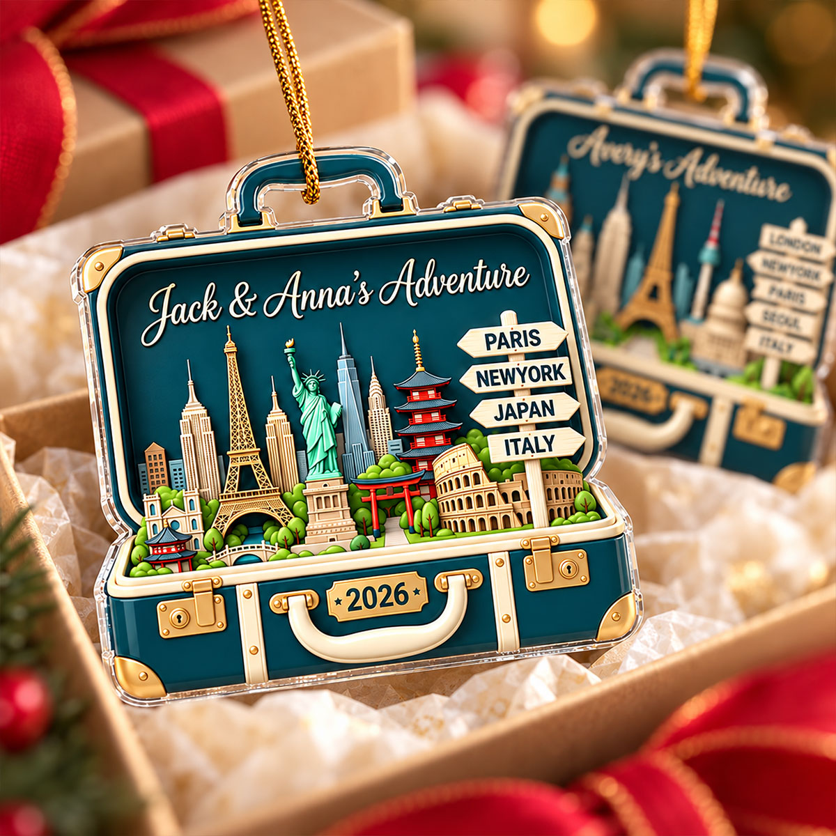 Custom Travel Adventure Suitcase 2D Flat Printed - Personalized Acrylic Ornament - Traveling Destination Keepsake, Christmas Gift For Traveling Lovers