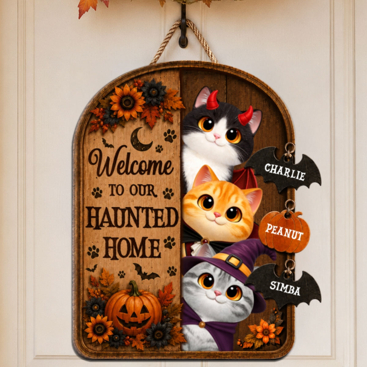 Happy Meowloween Peeking Cats 2D Flat - Personalized Door Sign - Halloween Decor For Cat Lovers