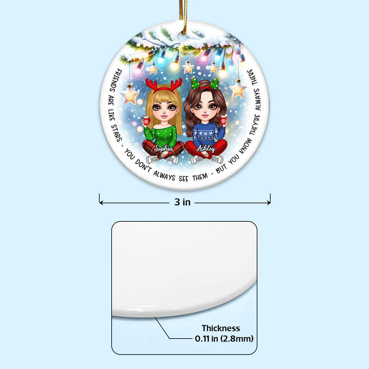 Besties Christmas Tree Light Star Personalized Circle Ceramic Ornament