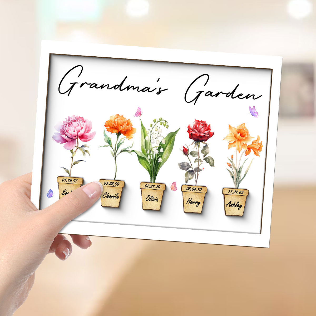 Family Grandma Garden Flower Pot Beautiful Birth Month Flowers Personalized 2-Layer Wooden Plaque