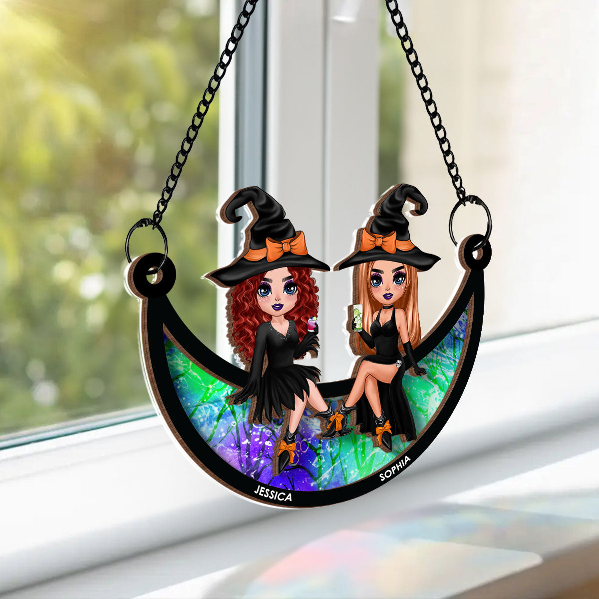 Halloween Witch Besties Sitting On Moon Personalized Window Hanging Suncatcher Ornament, Halloween Decor