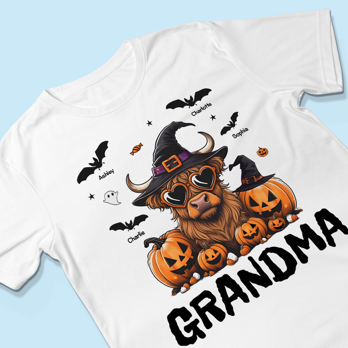 Grandma Halloween Highland Cow & Bats Kids Personalized Shirt, Gift For Grandma