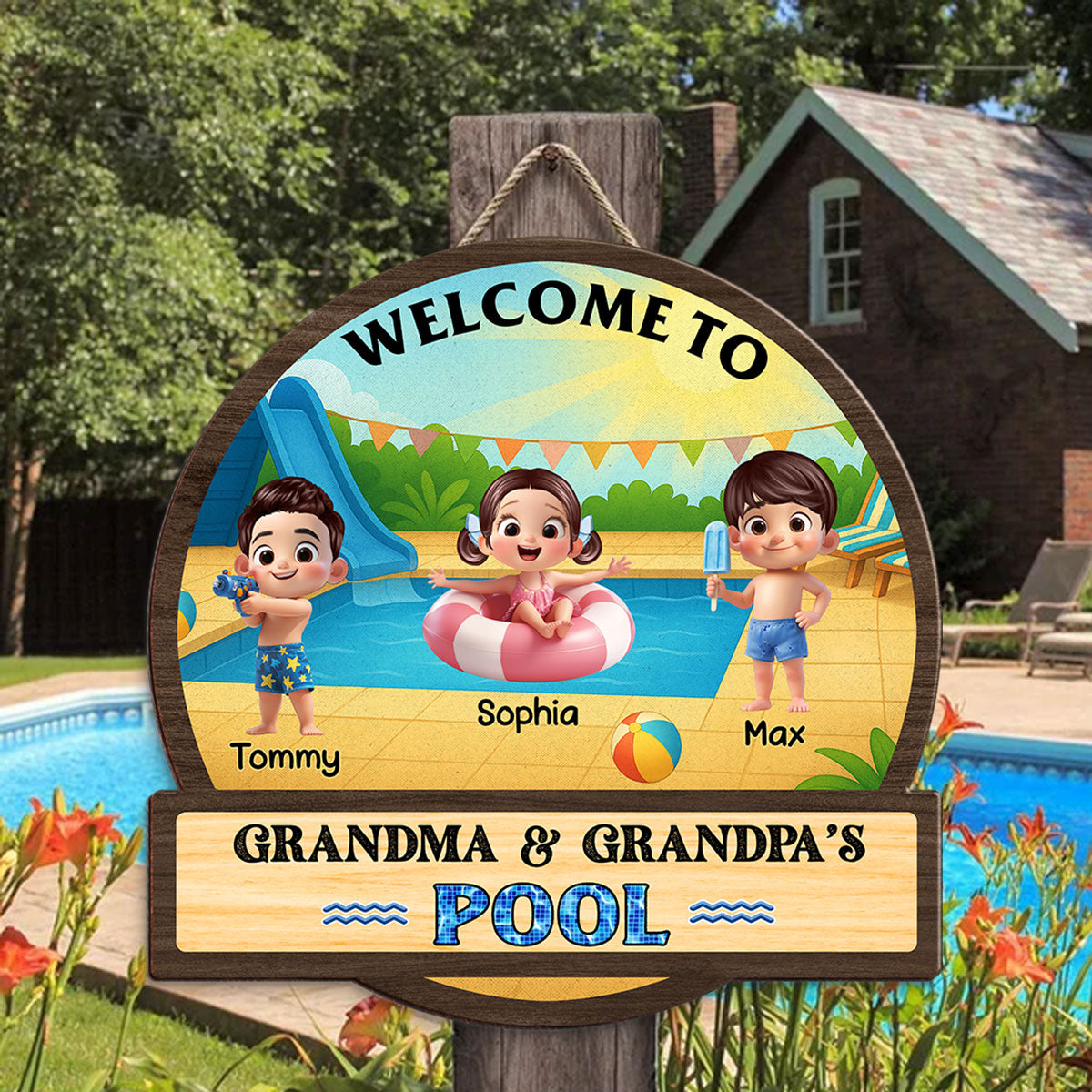 Welcome to Grandma & Grandpa's Pool Personalized Wood Sign, Grandkids Pool Summer Welcome Sign