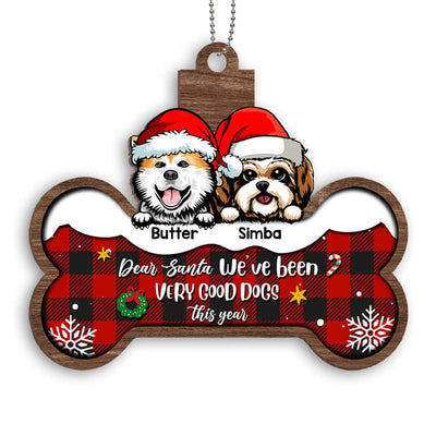Peeking Dogs On Bone Personalized Wooden Ornament