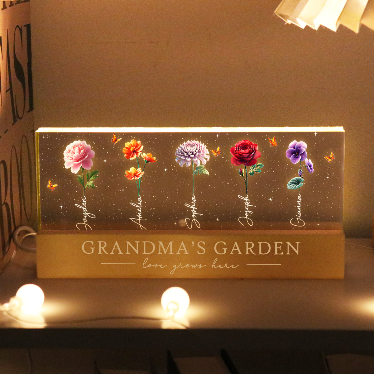 Grandma's Garden 3D Effect Birth Month Flowers Glowing Personalized Acrylic Block LED Night Light