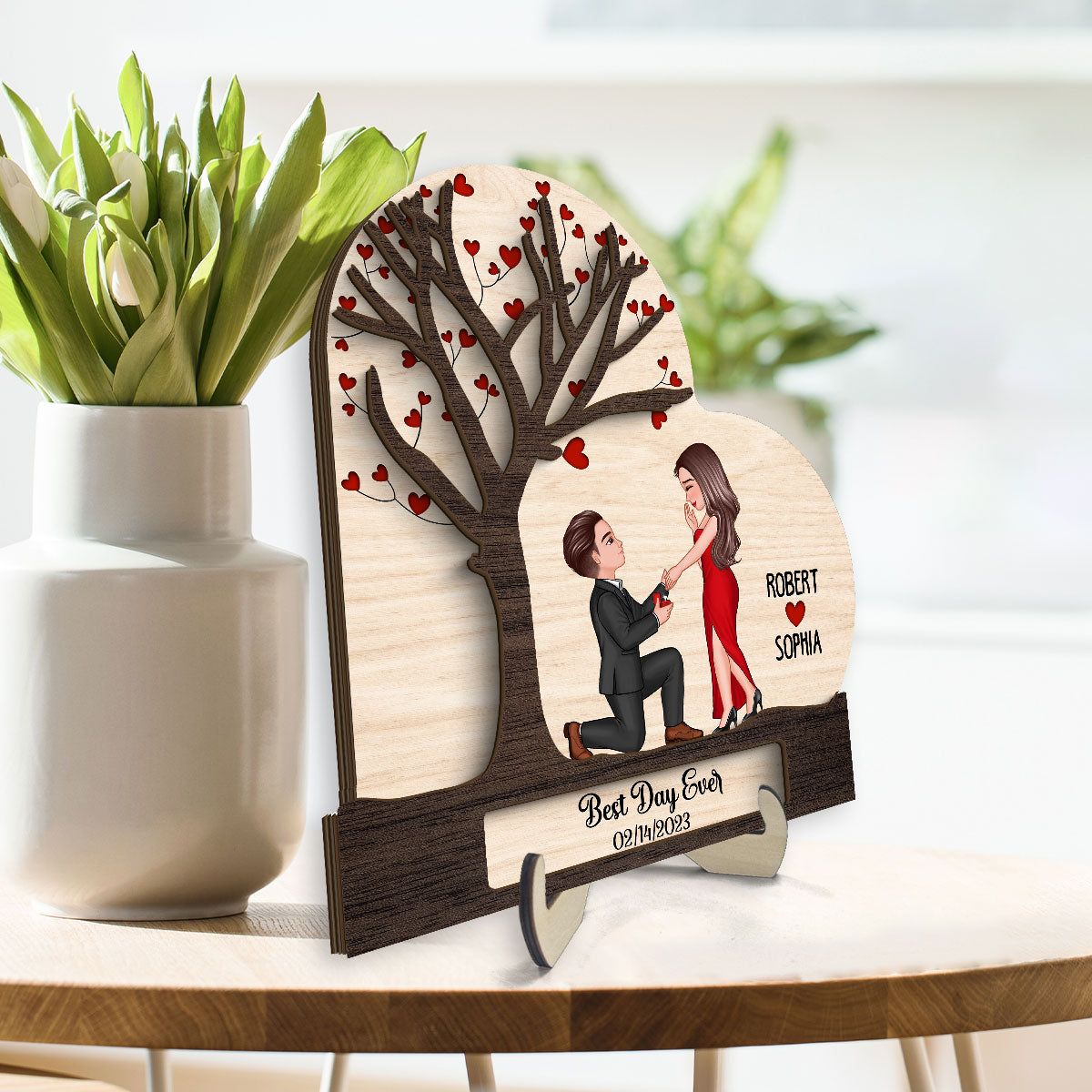 Proposal Couple Under Heart Tree Personalized 2-layer Wooden Plaque
