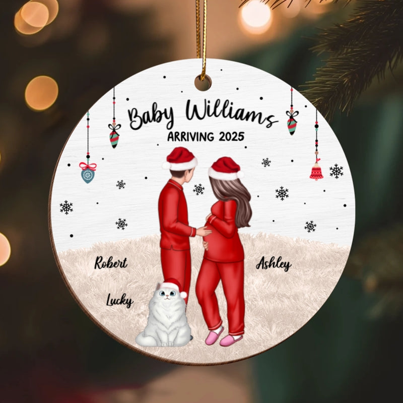 Pregnant Couple and Pet Keepsakes - Personalized Wooden Ornament - Christmas Gift