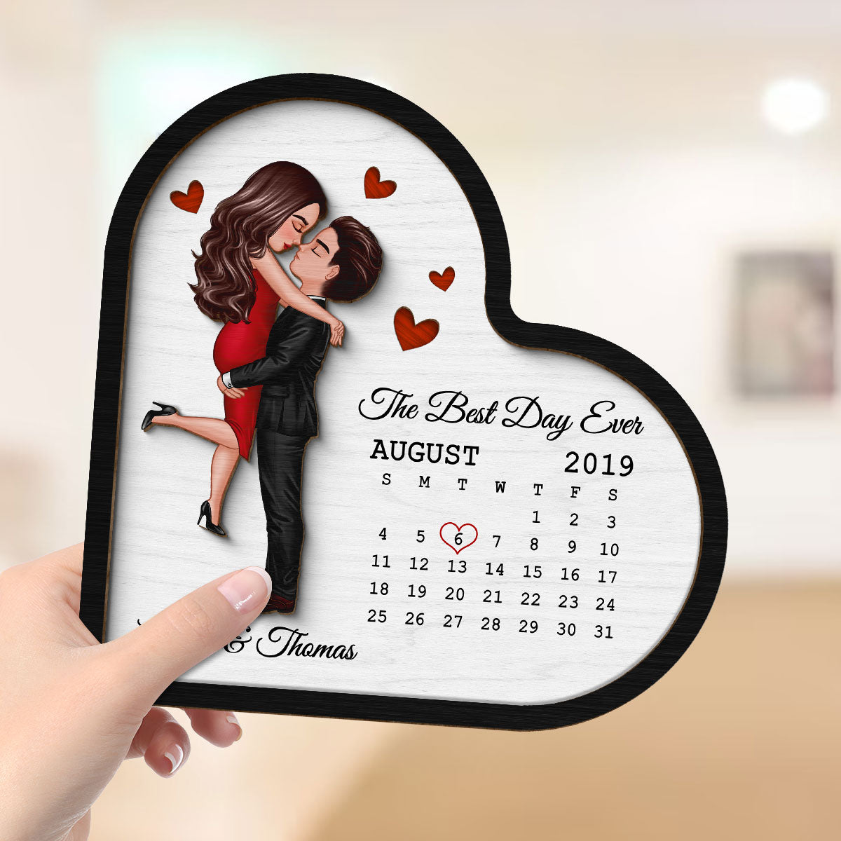 Doll Couple Hugging Kissing Calendar Anniversary Date Gift For Couple Gift For Him Gift For Her Personalized Heart Shaped 2 Layer Wooden Plaque