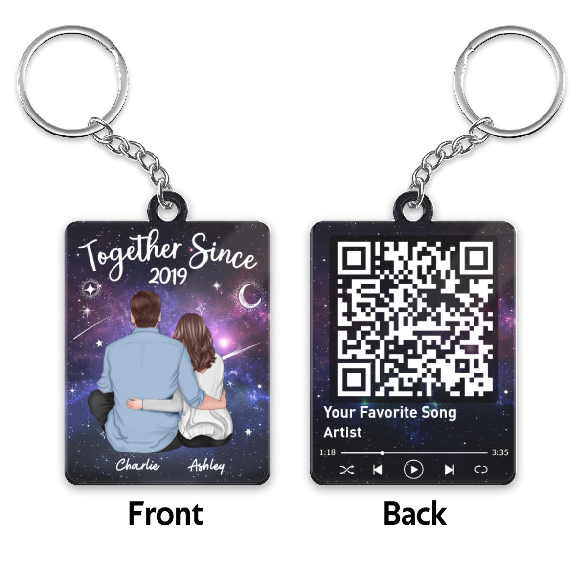 Back View Couple Sitting In Galaxy Night Favorite Song Scannable QR Code Personalized Acrylic Keychain