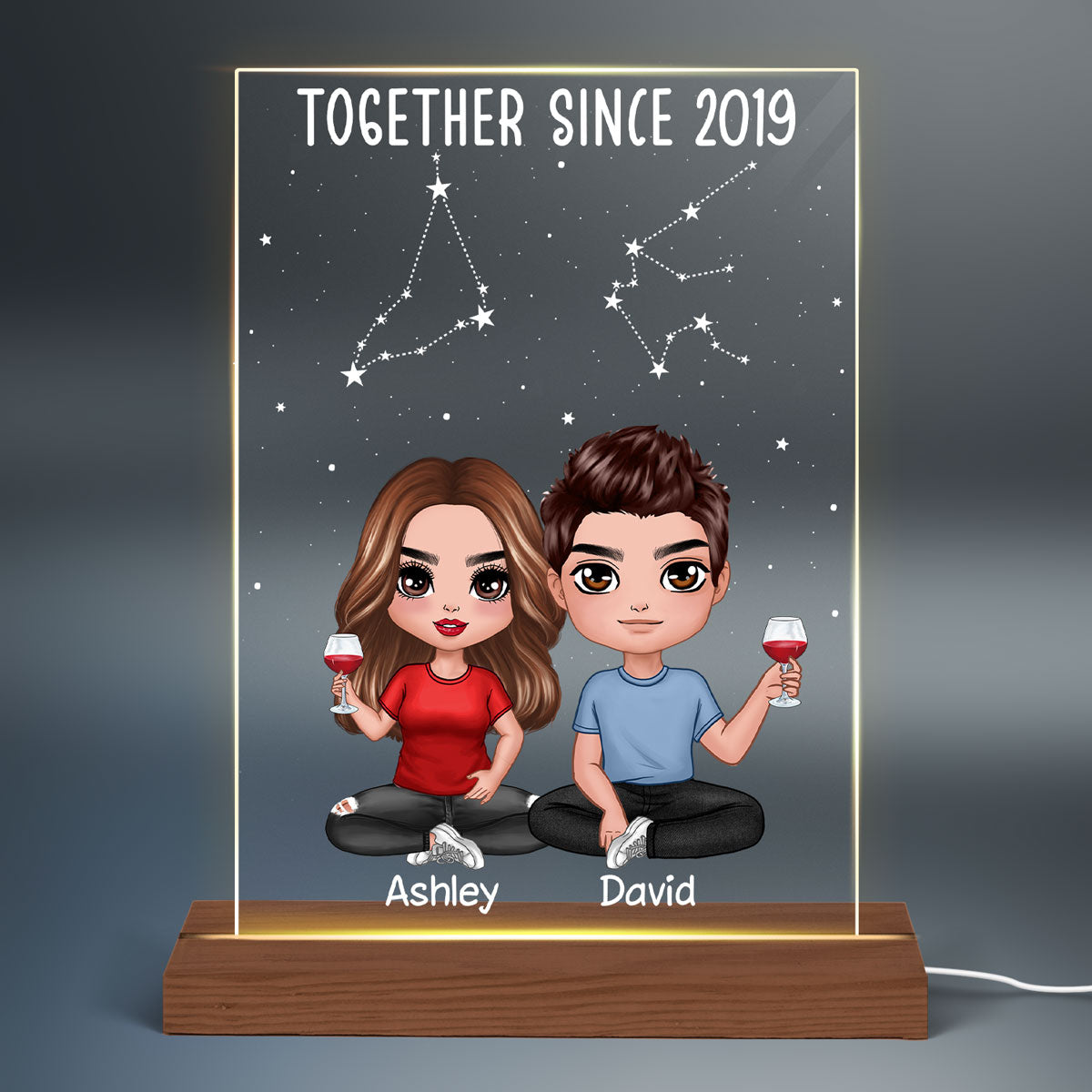 Our Love Written In The Star Doll Couple Sitting Horoscope Zodiac Sign Personalized Rectangle Acrylic Plaque With LED Night Light - Valentine‘s Day Gift, Anniversary Gift - Gift For Her - Gift For Him
