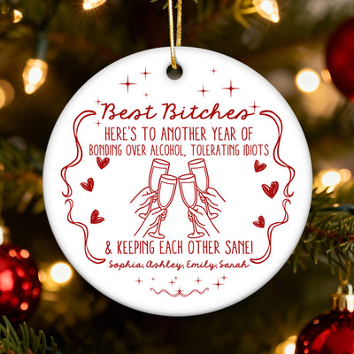 Christmas Red Tone Funny Besties - Personalized Ceramic Ornament - Gift For Best Friends