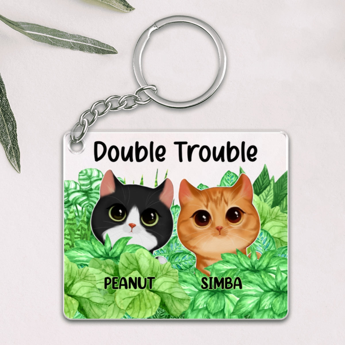 Double Trouble Watercolor Cute Cats Peeking Plant Leaves Personalized Acrylic Keychain