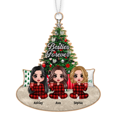Pajamas Doll Besties Sitting By Christmas Tree Personalized Wooden Ornament