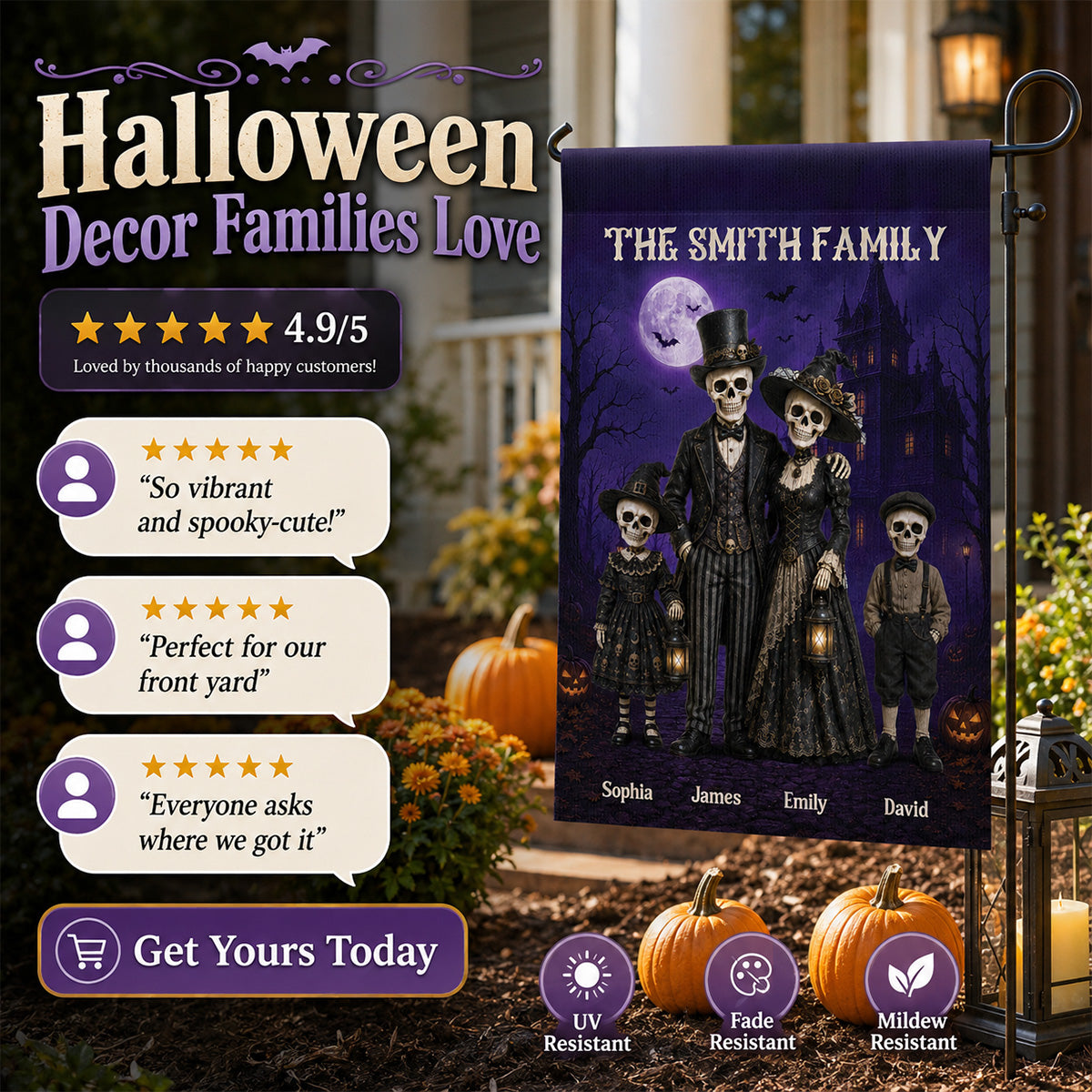 Gothic Skeleton Family - Personalized Garden Flag - Halloween Decoration