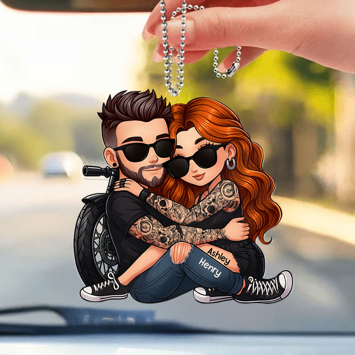 Biker 3D Cartoon Effect Couple Personalized Acrylic Car Ornament, Gift for her, Gift for him, Motorcycle Lovers