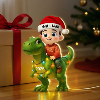 3D Effect Cute Cartoon Kid With Dinosaur Christmas Personalized LED Light Box