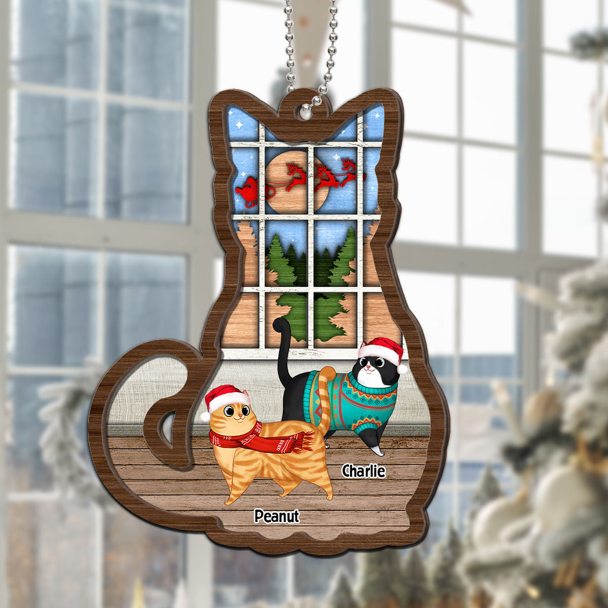 Full Cat Shaped Personalized Christmas 2-Layer Wooden Ornament