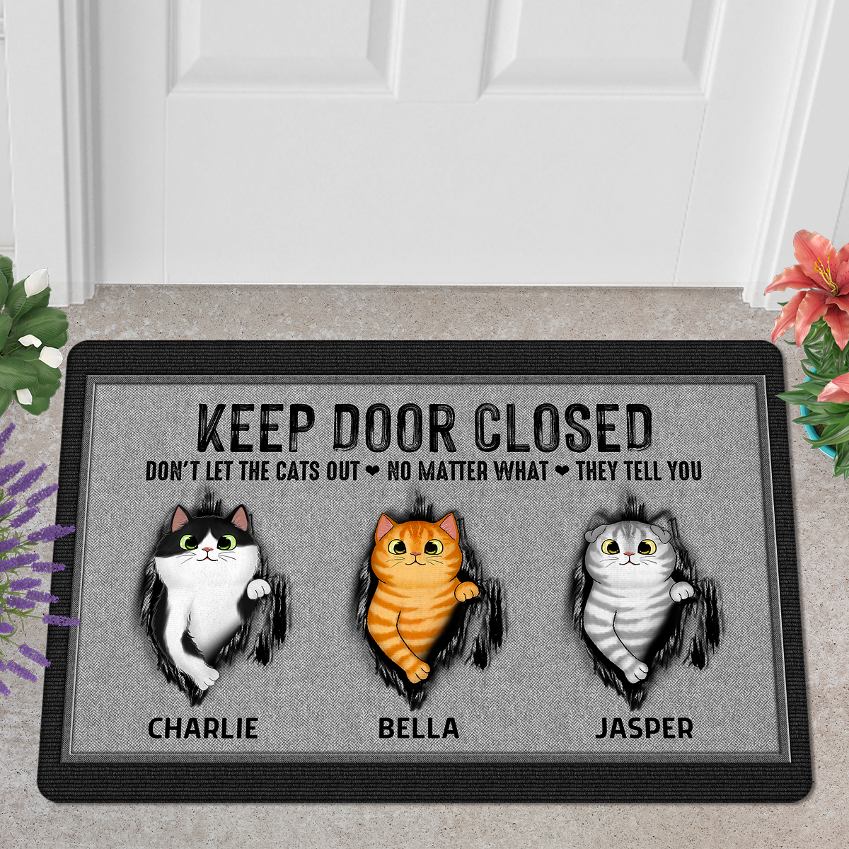 Keep Door Closed Fluffy Cat Tearing Gray Background Personalized Doormat