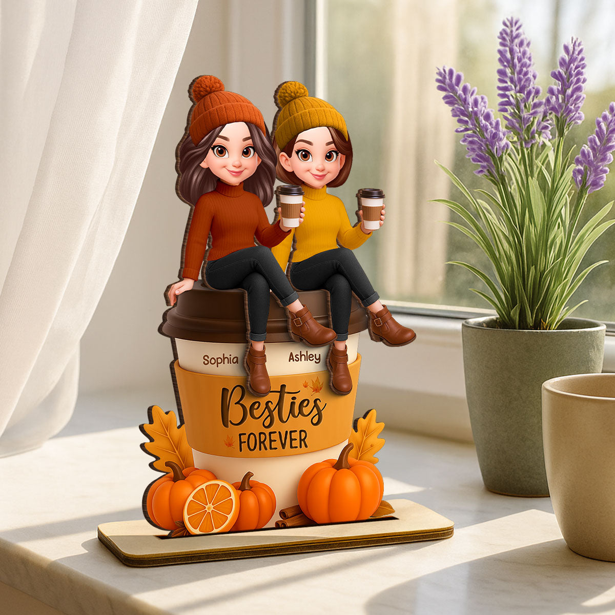 Fall Season Besties Sitting On Pumpkin Spice Latte Personalized Standing Wooden Plaque