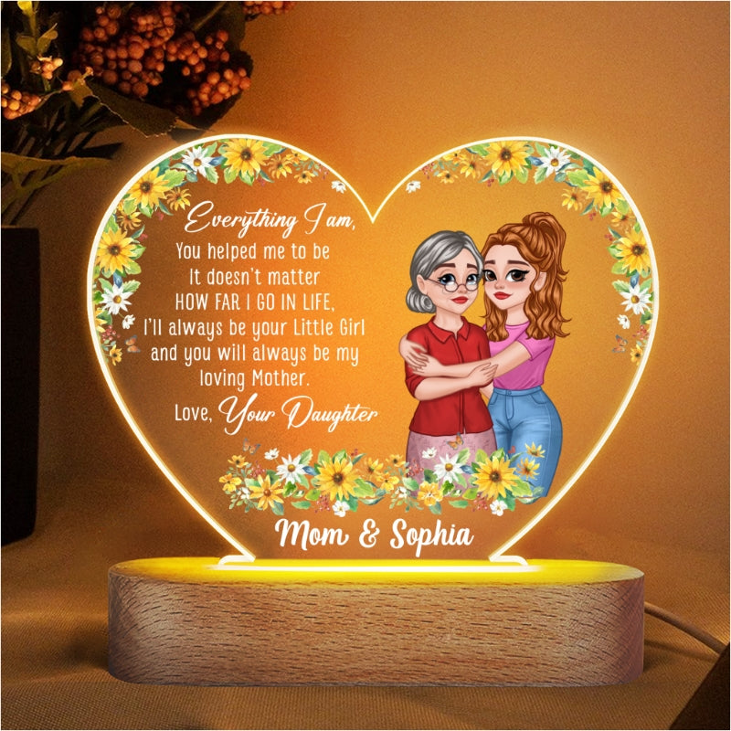 I‘ll Always Be Your Little Girl Mother Daughter Hugging Cartoon Personalized Acrylic Heart Plaque With LED Night Light