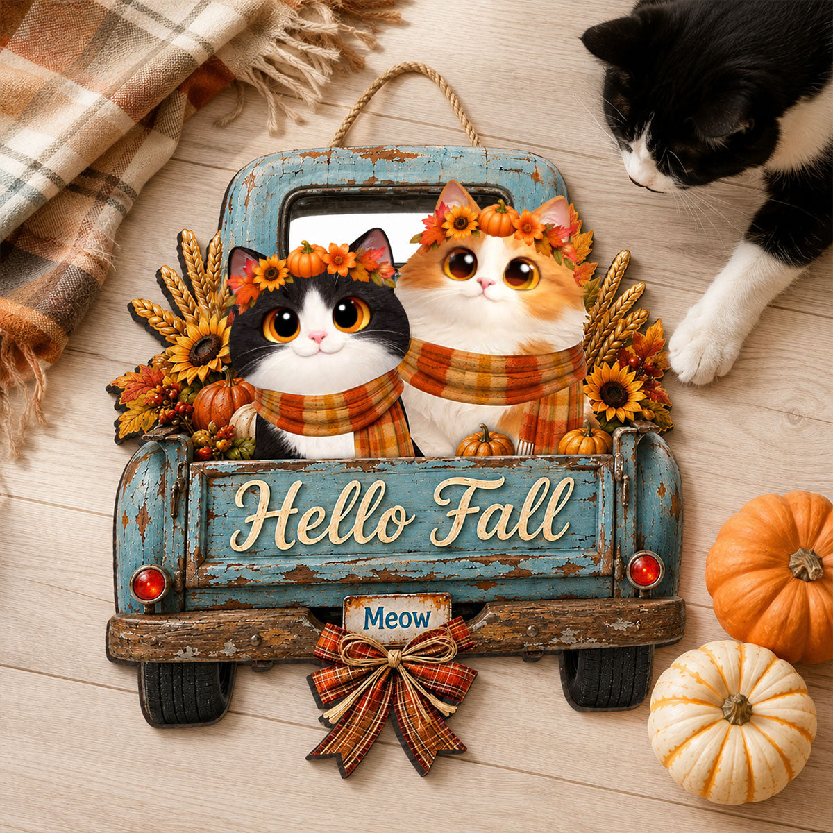 Hello Fall Pumpkin Cats - Personalized Door Hanger Sign - Cozy Fall Decor for Cat Lovers