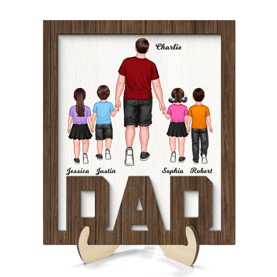 Dad And Kids Walking Back View Personalized 2-Layer Wooden Plaque